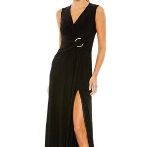 Ieena Mac Duggal Black Draped Side Knot Jersey Gown Rhinestone Ring